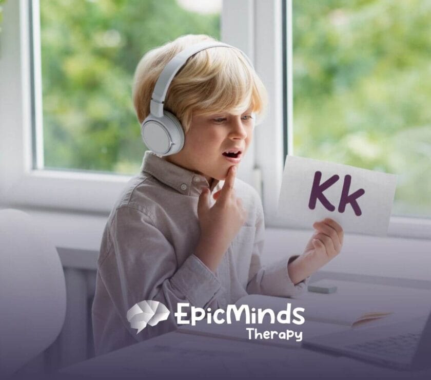 Boy with autism using flashcards and headphones while practicing speech online.