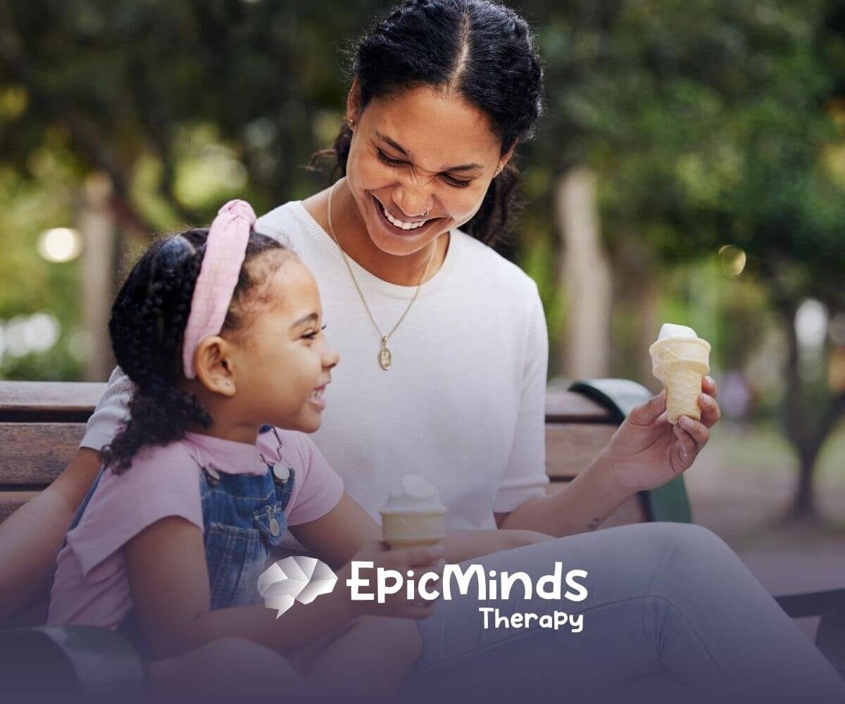 A BCBA and girl with autism enjoying ice cream together in North Carolina.